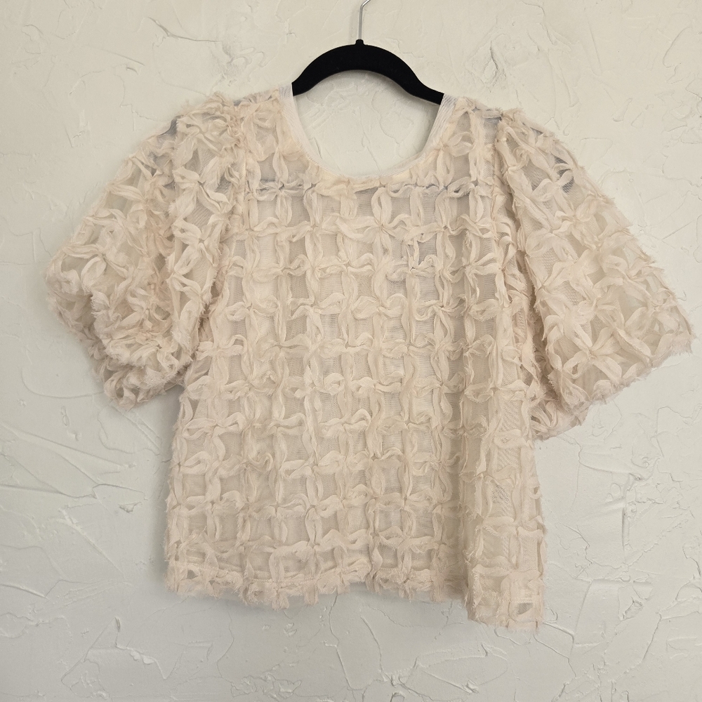 Anthro Sarah Hann Cream Tulle Karla Textured Puff Sleeve Top, S - Picture 2 of 12
